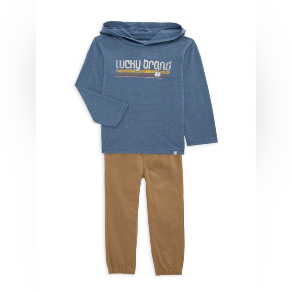 Lucky Brand boy’s 2 pcs logo hoodie and pant set navy/khaki available in 2T